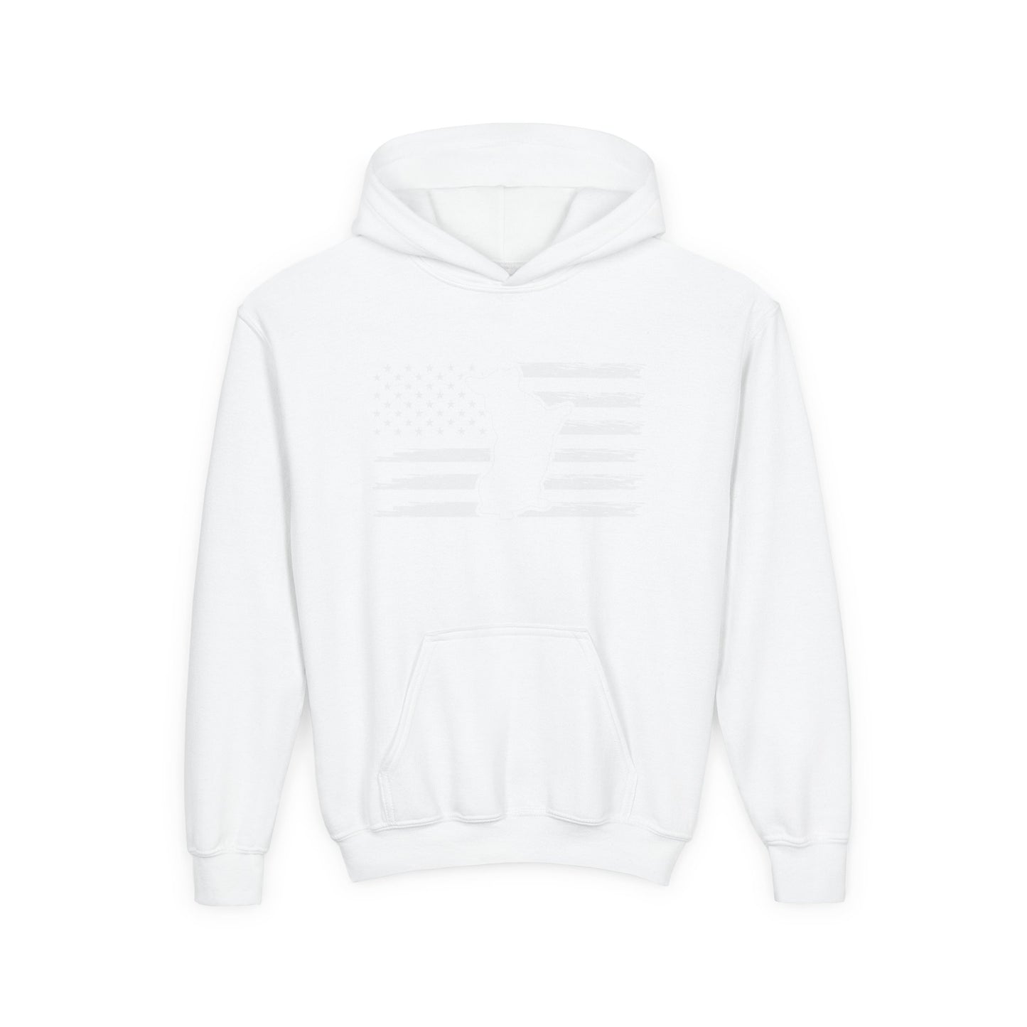 Printify kids American flag hoodie in white with front pocket and subtle flag design