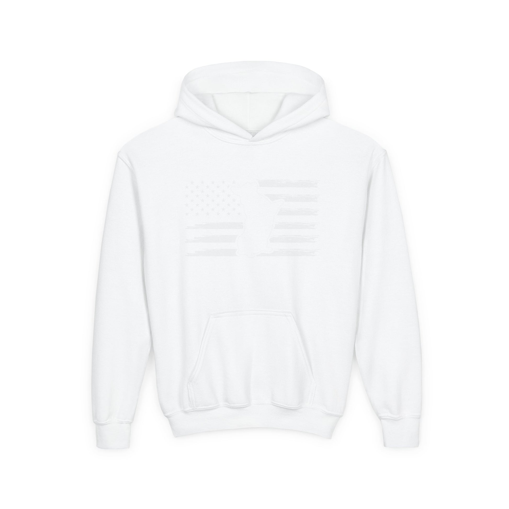 Printify kids American flag hoodie in white with front pocket and subtle flag design