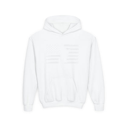 Printify kids American flag hoodie in white with front pocket and subtle flag design