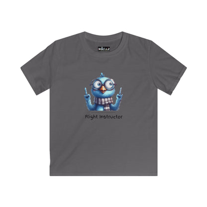 Printify kids aviation shirt with cartoon blue bird pilot and flight instructor text on gray fabric