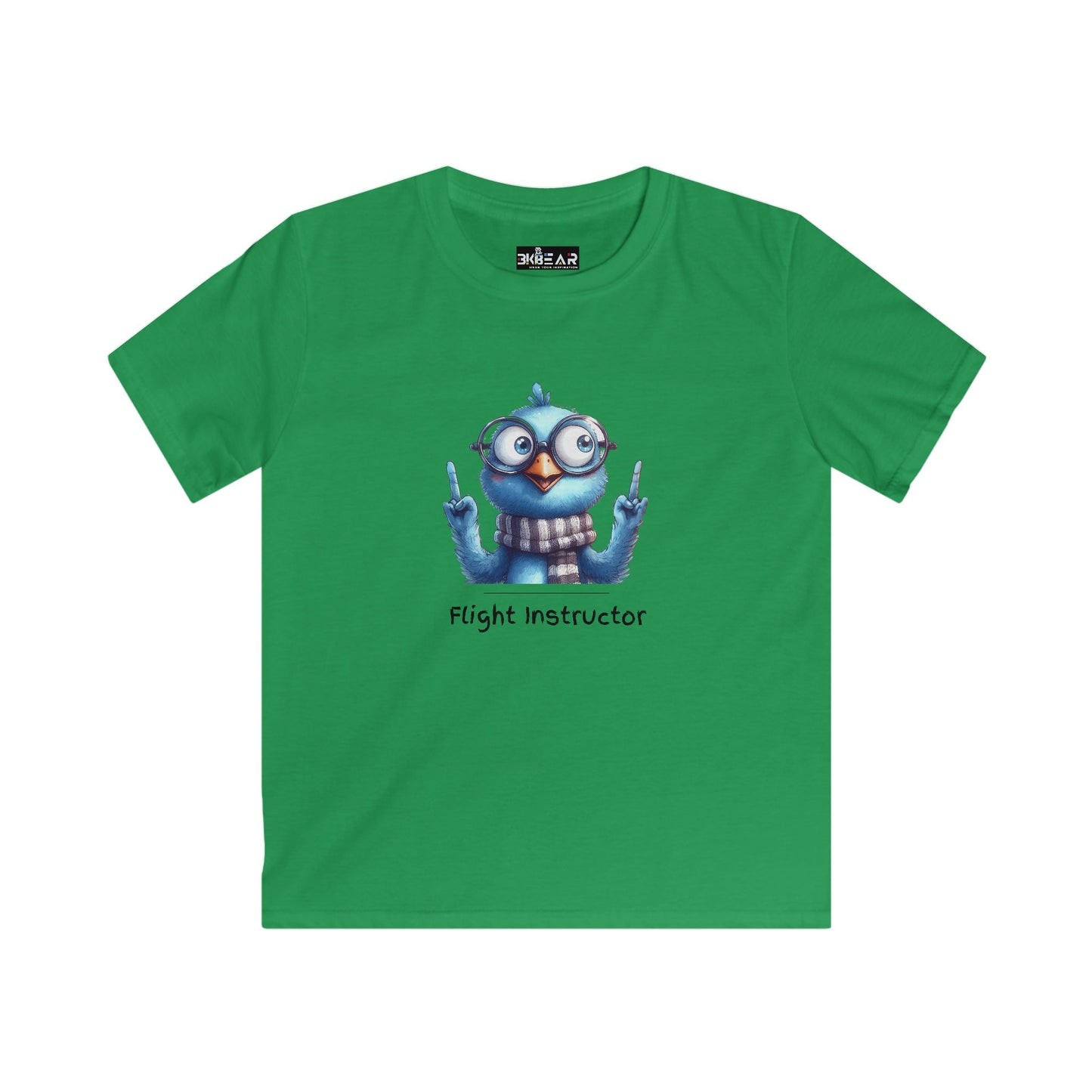 Green kids aviation shirt with cartoon bird flight instructor design from Printify