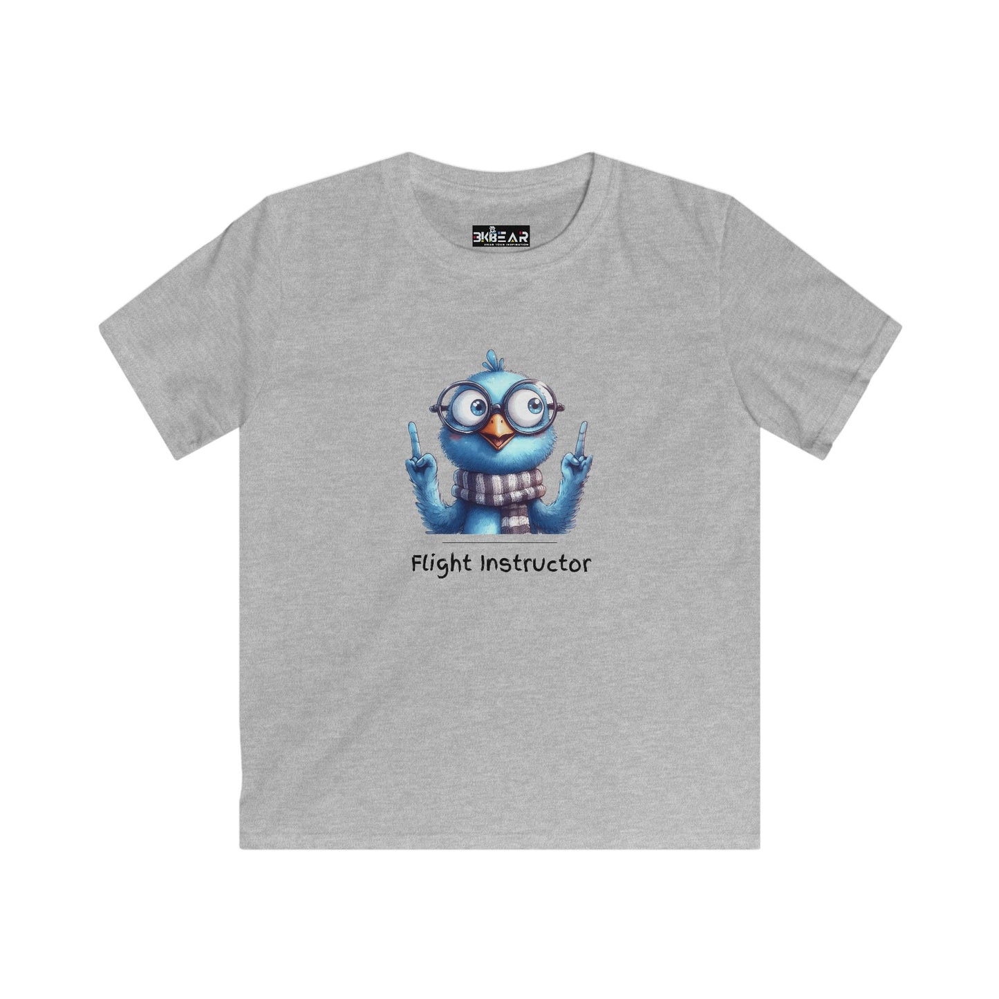 Gray kids aviation shirt with cartoon blue bird wearing glasses and scarf labeled Flight Instructor