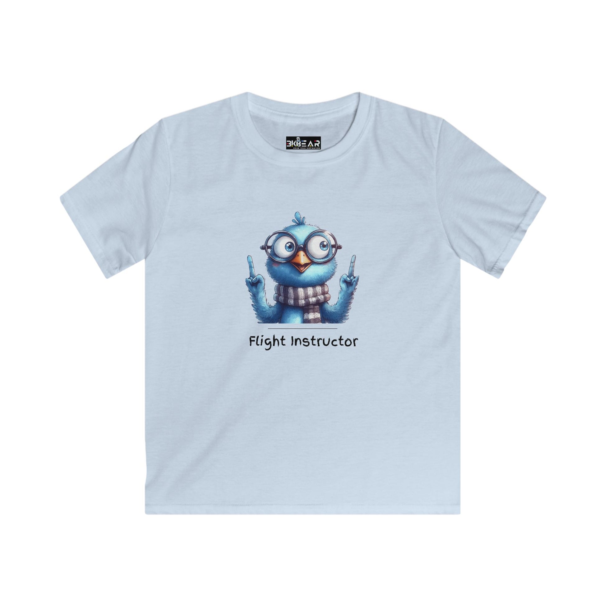 Light blue kids aviation shirt with cartoon bird flight instructor graphic by Printify