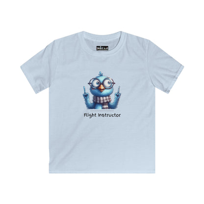 Light blue kids aviation shirt with cartoon bird flight instructor graphic by Printify