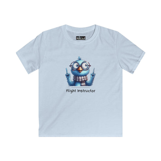 Light blue kids aviation shirt with cartoon bird flight instructor graphic by Printify