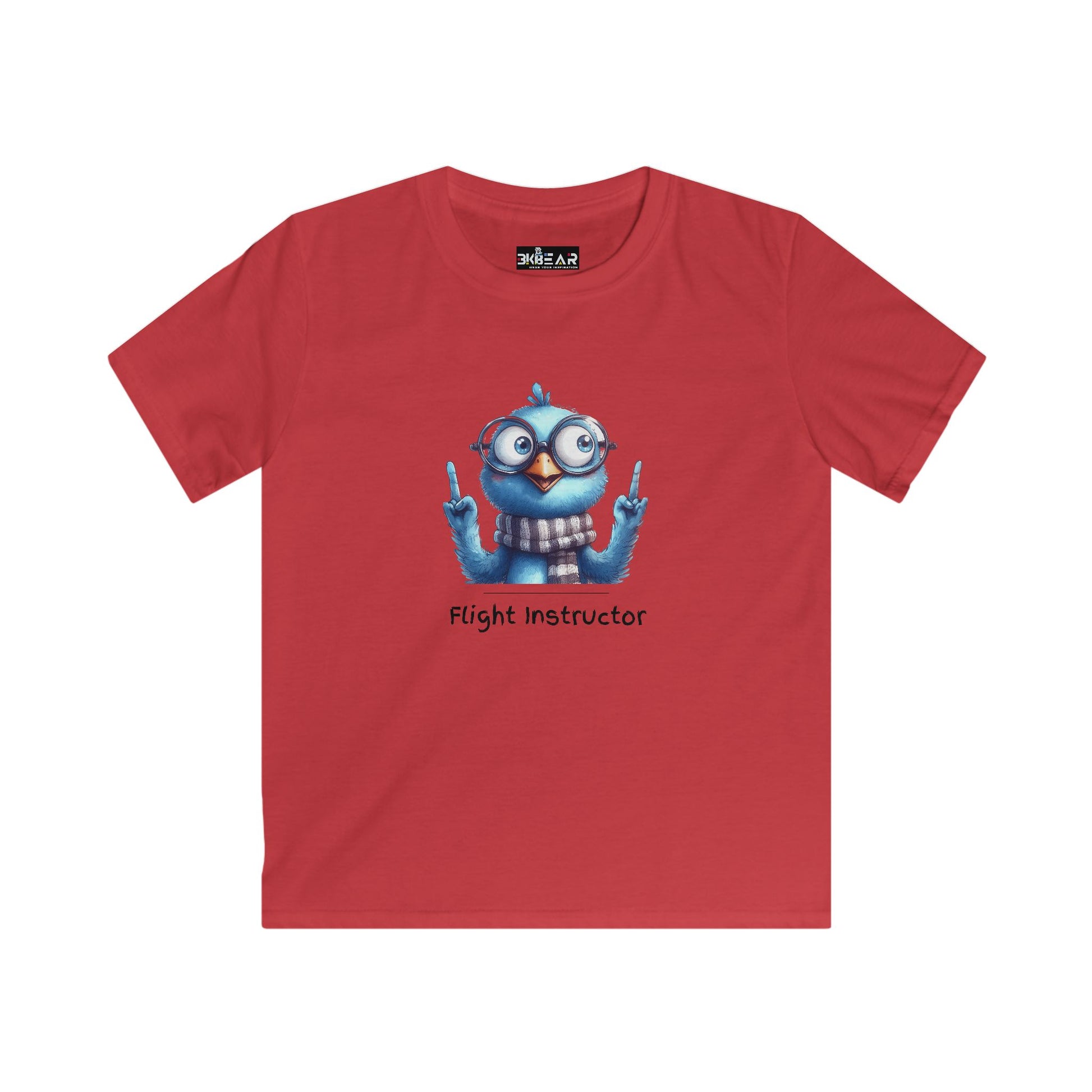 Red kids aviation shirt with blue cartoon bird wearing glasses and scarf labeled Flight Instructor