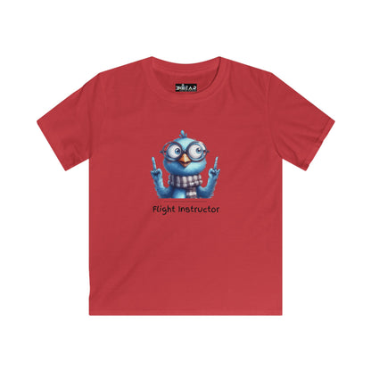 Red kids aviation shirt with blue cartoon bird wearing glasses and scarf labeled Flight Instructor