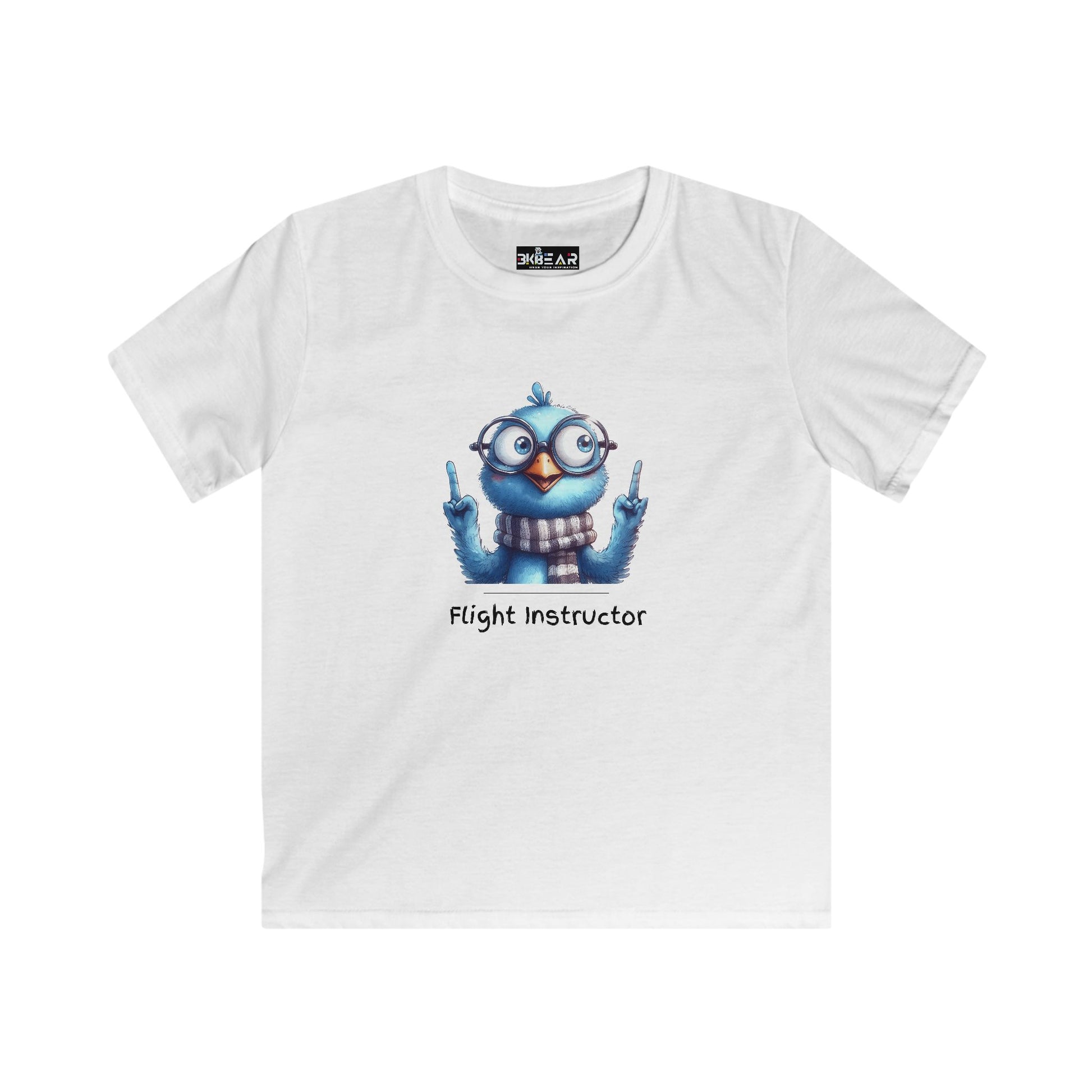 White kids aviation shirt with cartoon blue bird wearing glasses and scarf labeled Flight Instructor