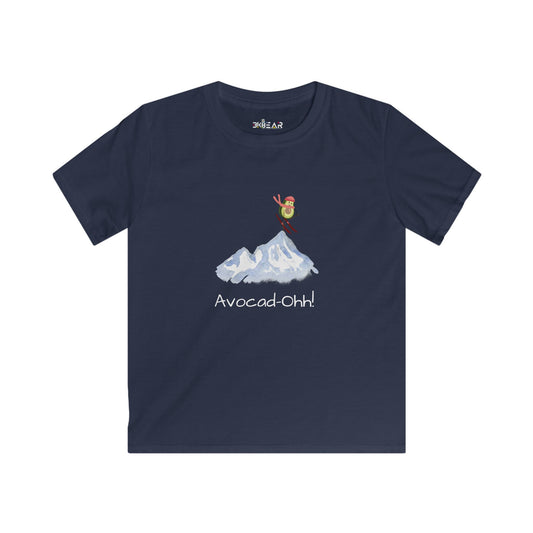Navy Printify kids avocado graphic t-shirt with mountain and avocado character design
