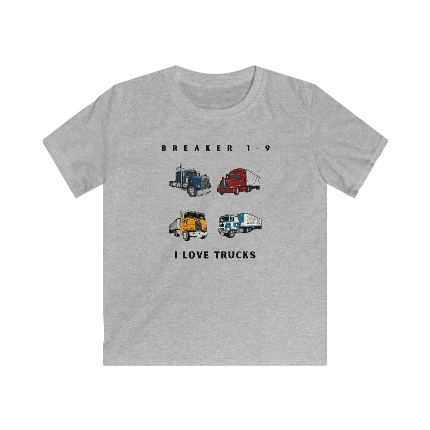 I love trucks kids tee with colorful truck illustrations on gray kids clothes by Printify