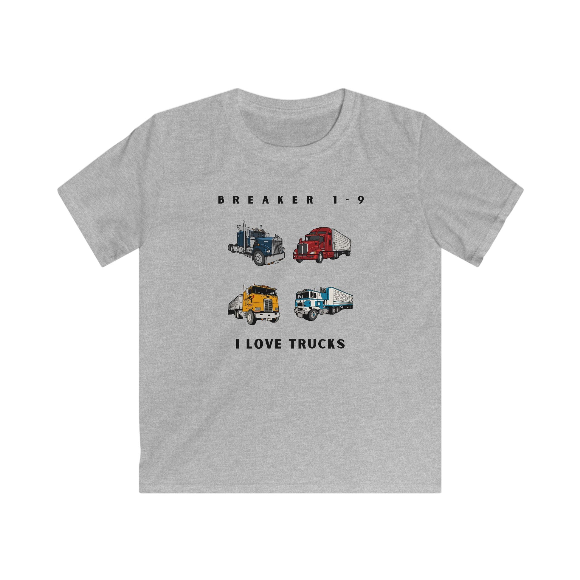 I love trucks kids tee with colorful truck illustrations on gray kids clothes by Printify