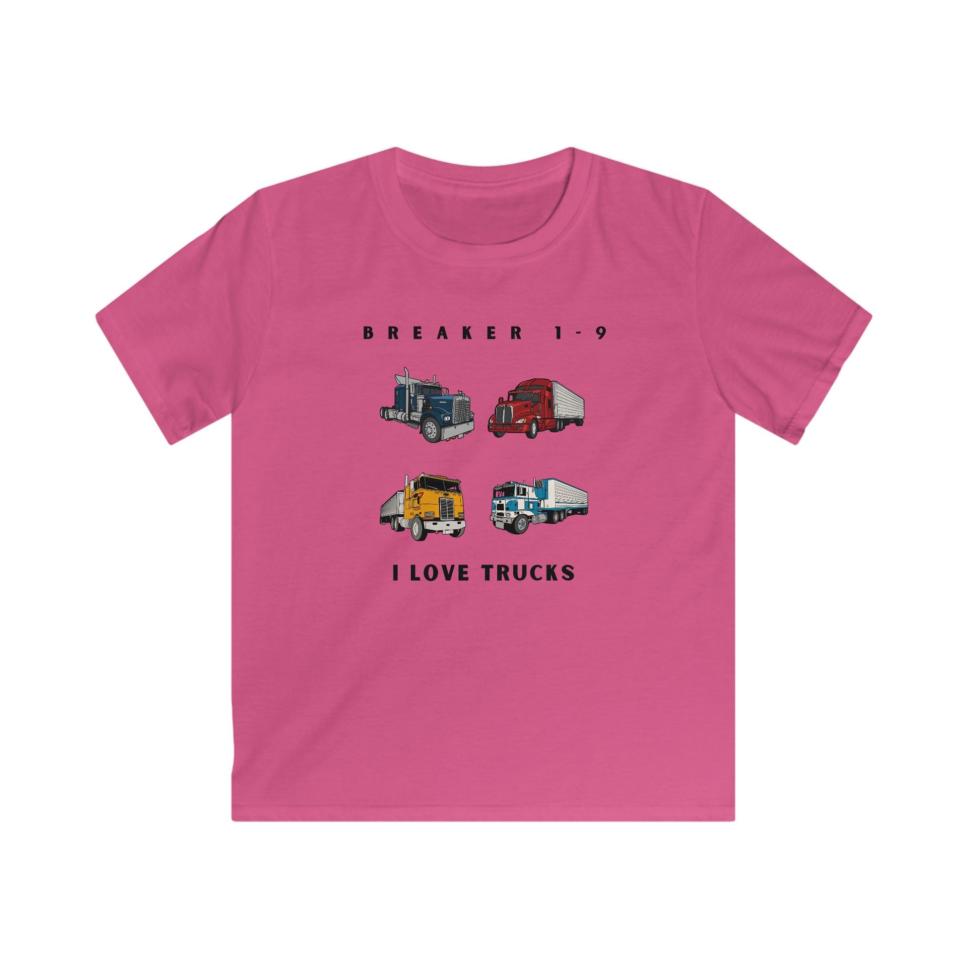 Pink I love trucks kids tee with colorful truck illustrations and printed text for children