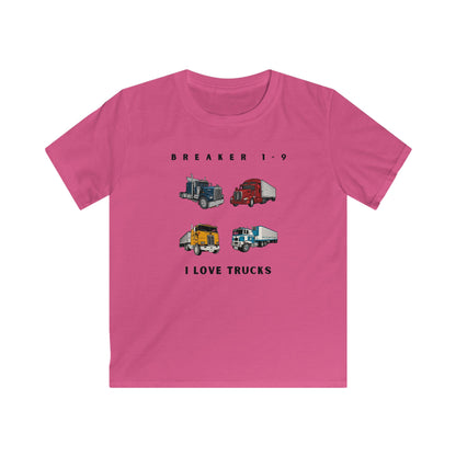 Pink I love trucks kids tee with colorful truck illustrations and printed text for children