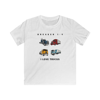 White I love trucks kids tee by Printify featuring colorful truck illustrations and text design