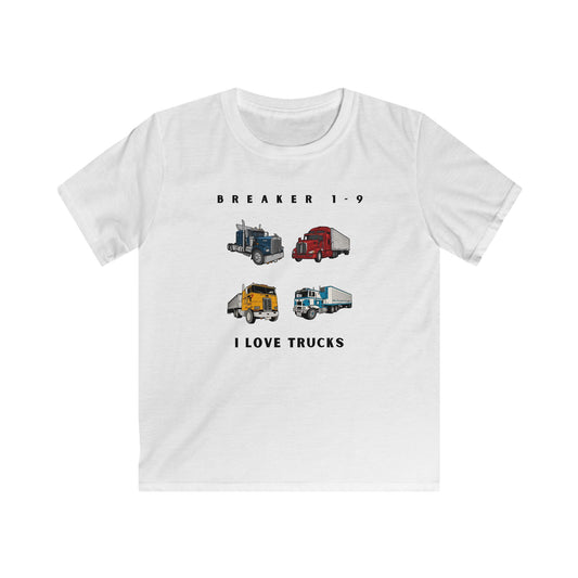 White I love trucks kids tee by Printify featuring colorful truck illustrations and text design