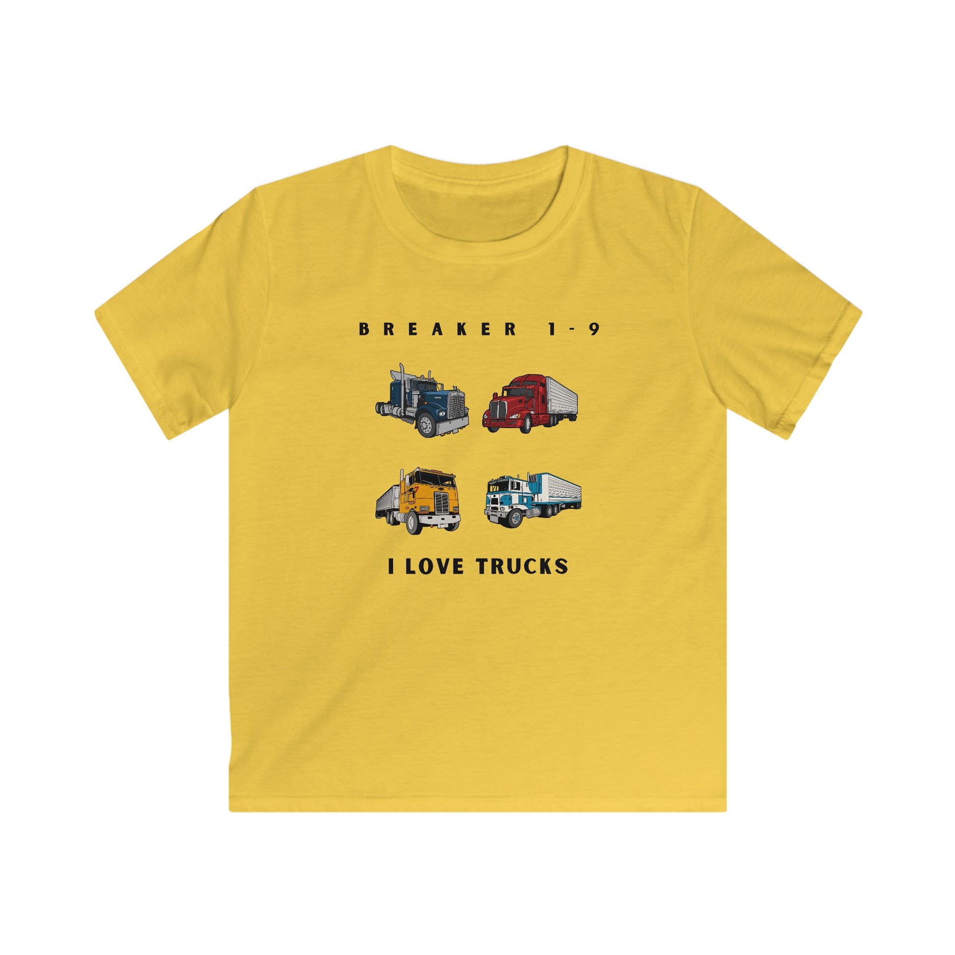 Yellow I love trucks kids tee with four colorful truck illustrations from Printify kids clothes