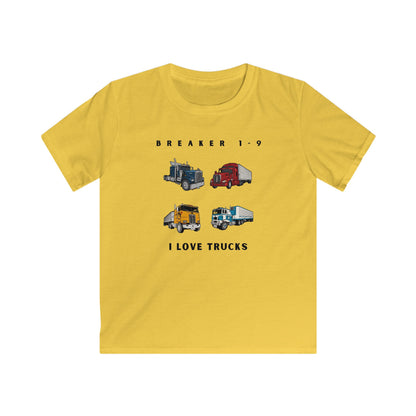 Yellow I love trucks kids tee with four colorful truck illustrations from Printify kids clothes