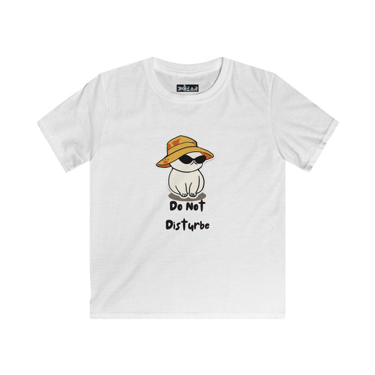 White kids t-shirt from Printify with cartoon cat and do not disturb tee kids text