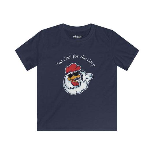 Navy kids graphic chicken t-shirt with cool cartoon chicken and Too Cool for the Coop text