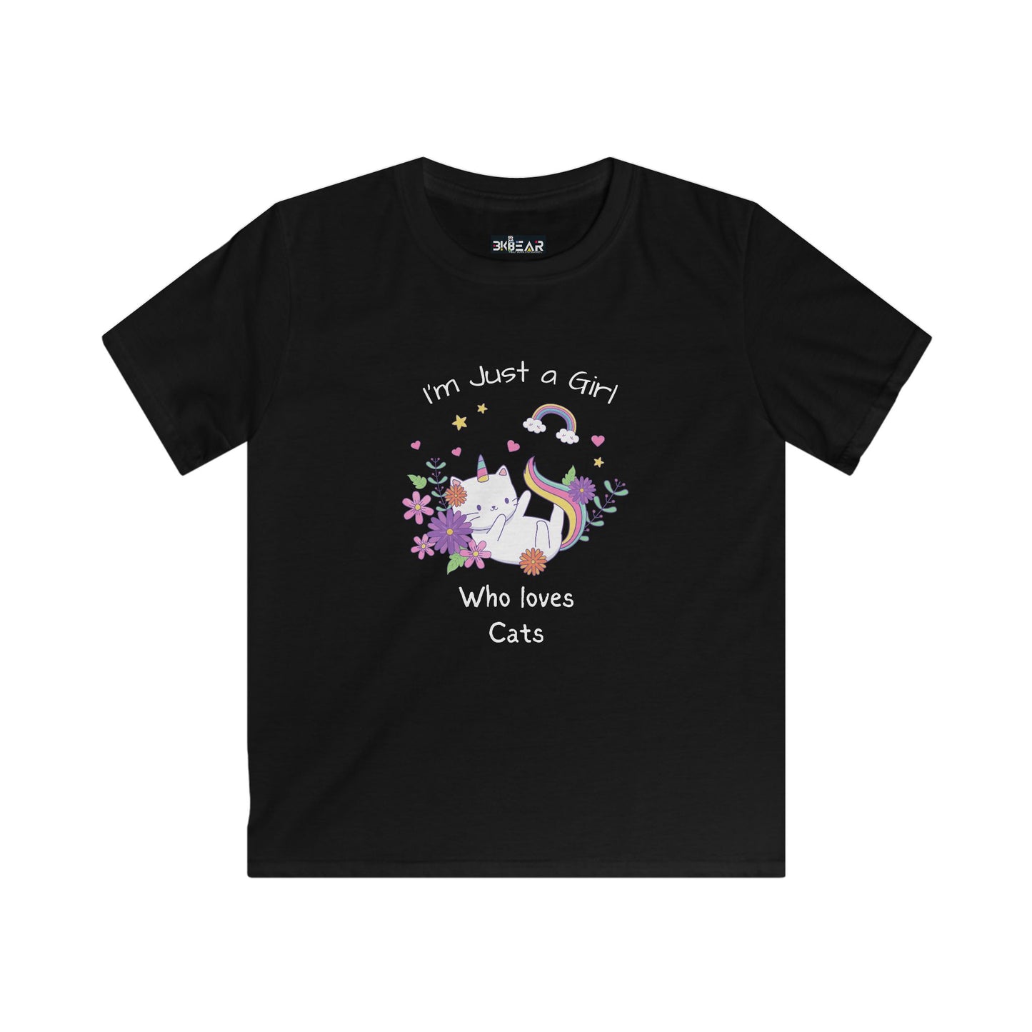 Black Printify kids shirt with colorful cat and rainbow design featuring i love cats shirt kids text