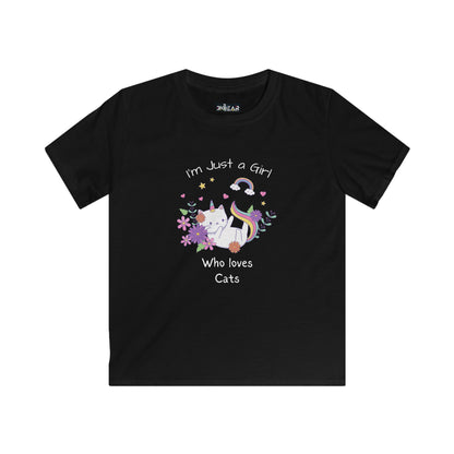 Black Printify kids shirt with colorful cat and rainbow design featuring i love cats shirt kids text