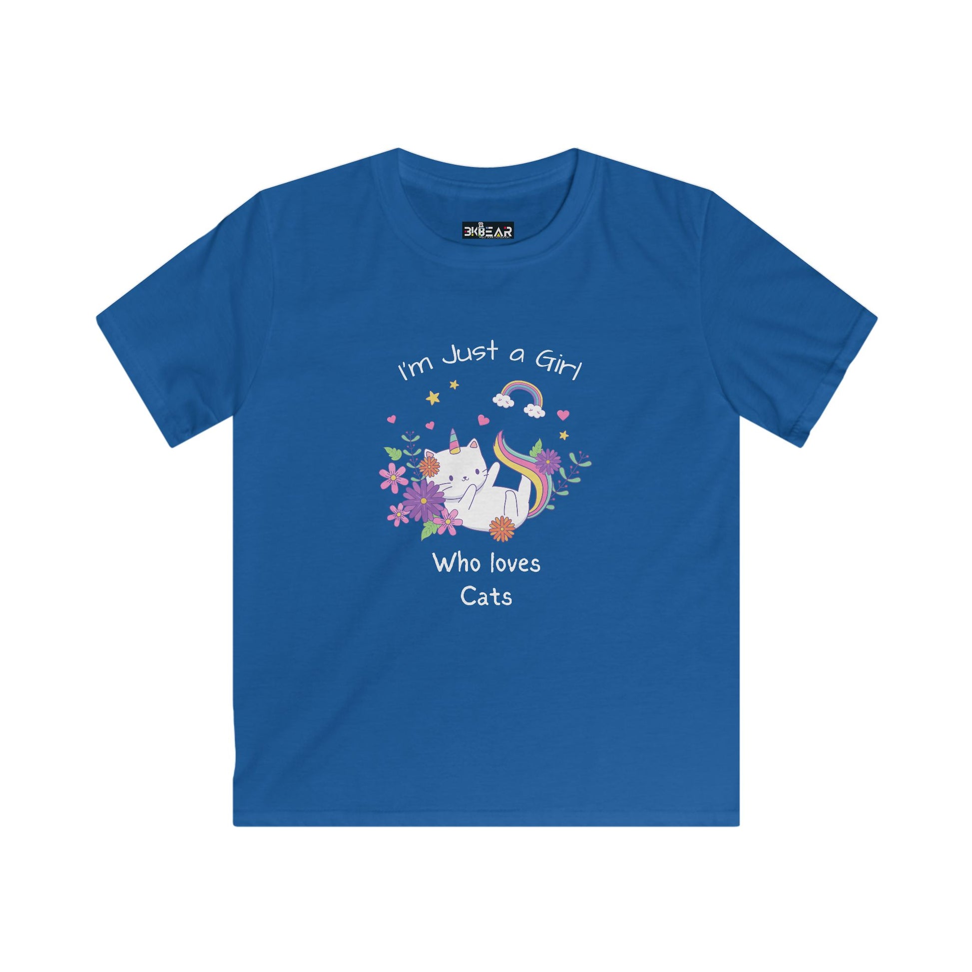Blue kids shirt with cat and rainbow design and text I'm just a girl who loves cats i love cats shirt kids