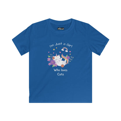 Blue kids shirt with cat and rainbow design and text I'm just a girl who loves cats i love cats shirt kids