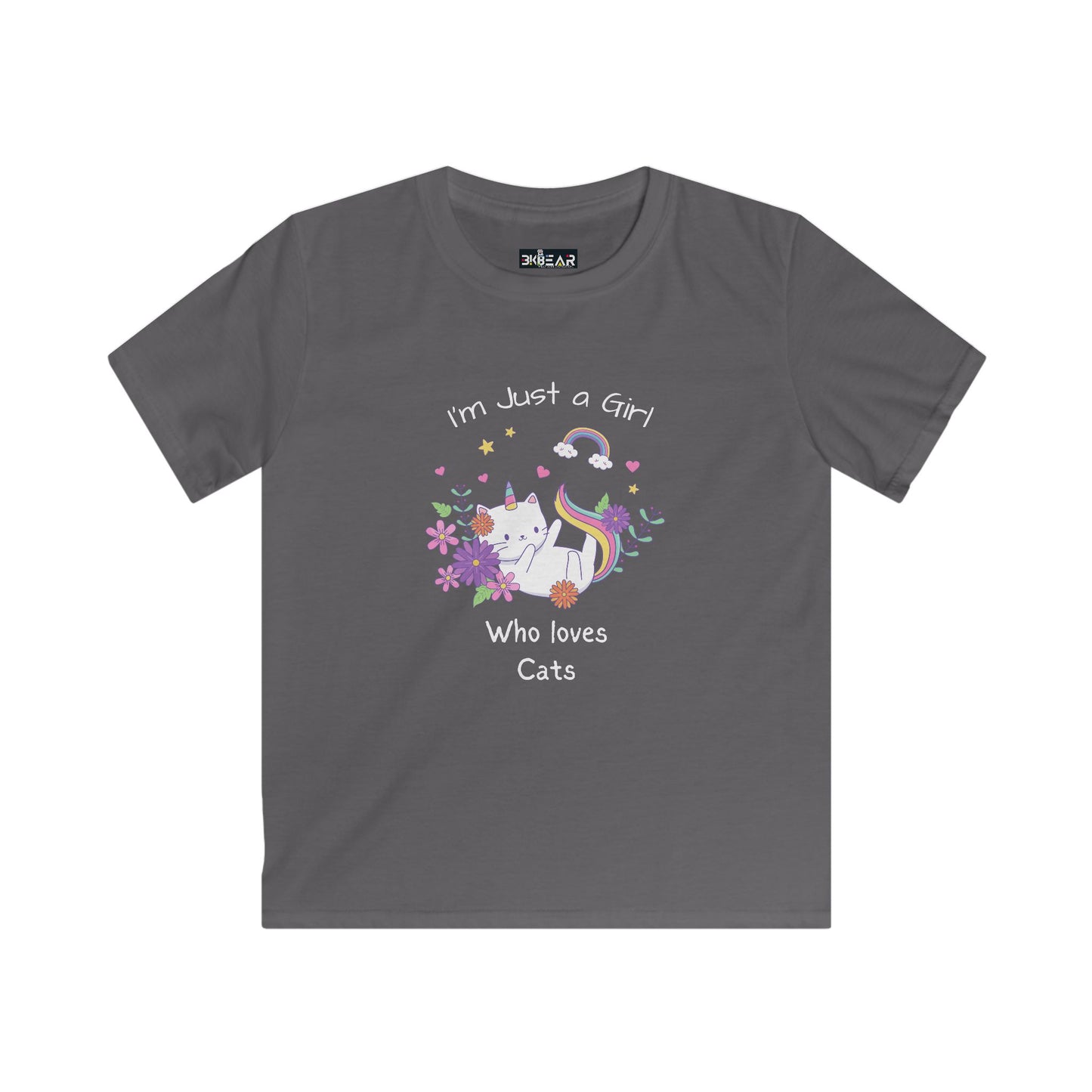 Printify gray kids shirt with colorful unicorn cat and text I'm Just a Girl Who Loves Cats i love cats shirt kids
