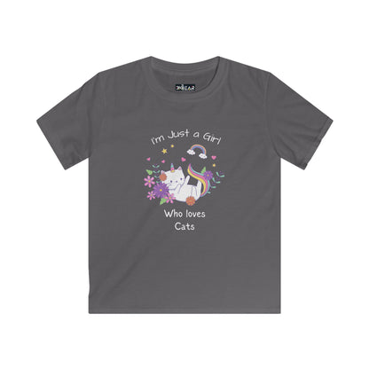 Printify gray kids shirt with colorful unicorn cat and text I'm Just a Girl Who Loves Cats i love cats shirt kids
