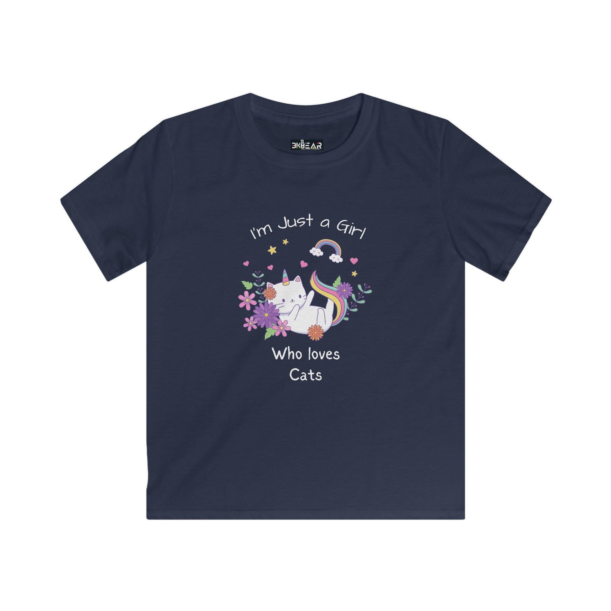 Navy kids t-shirt with colorful cat and rainbow design featuring text I love cats shirt kids