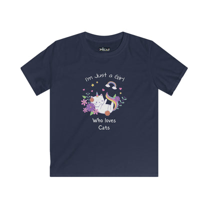 Navy kids t-shirt with colorful cat and rainbow design featuring text I love cats shirt kids