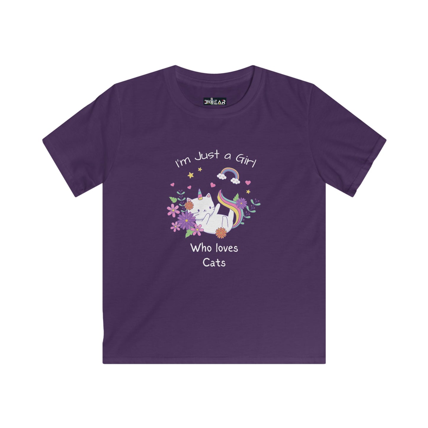 Purple kids shirt from Printify with cute cat and text I'm Just a Girl Who loves Cats i love cats shirt kids