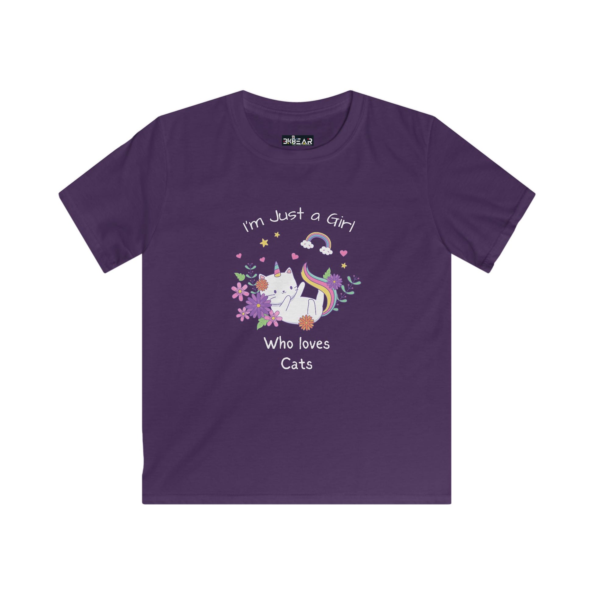 Purple kids shirt from Printify with cute cat and text I'm Just a Girl Who loves Cats i love cats shirt kids