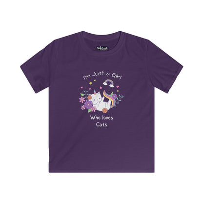 Purple kids shirt from Printify with cute cat and text I'm Just a Girl Who loves Cats i love cats shirt kids
