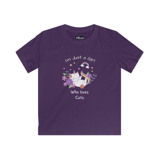 Purple kids shirt from Printify with cute cat and text I'm Just a Girl Who loves Cats i love cats shirt kids