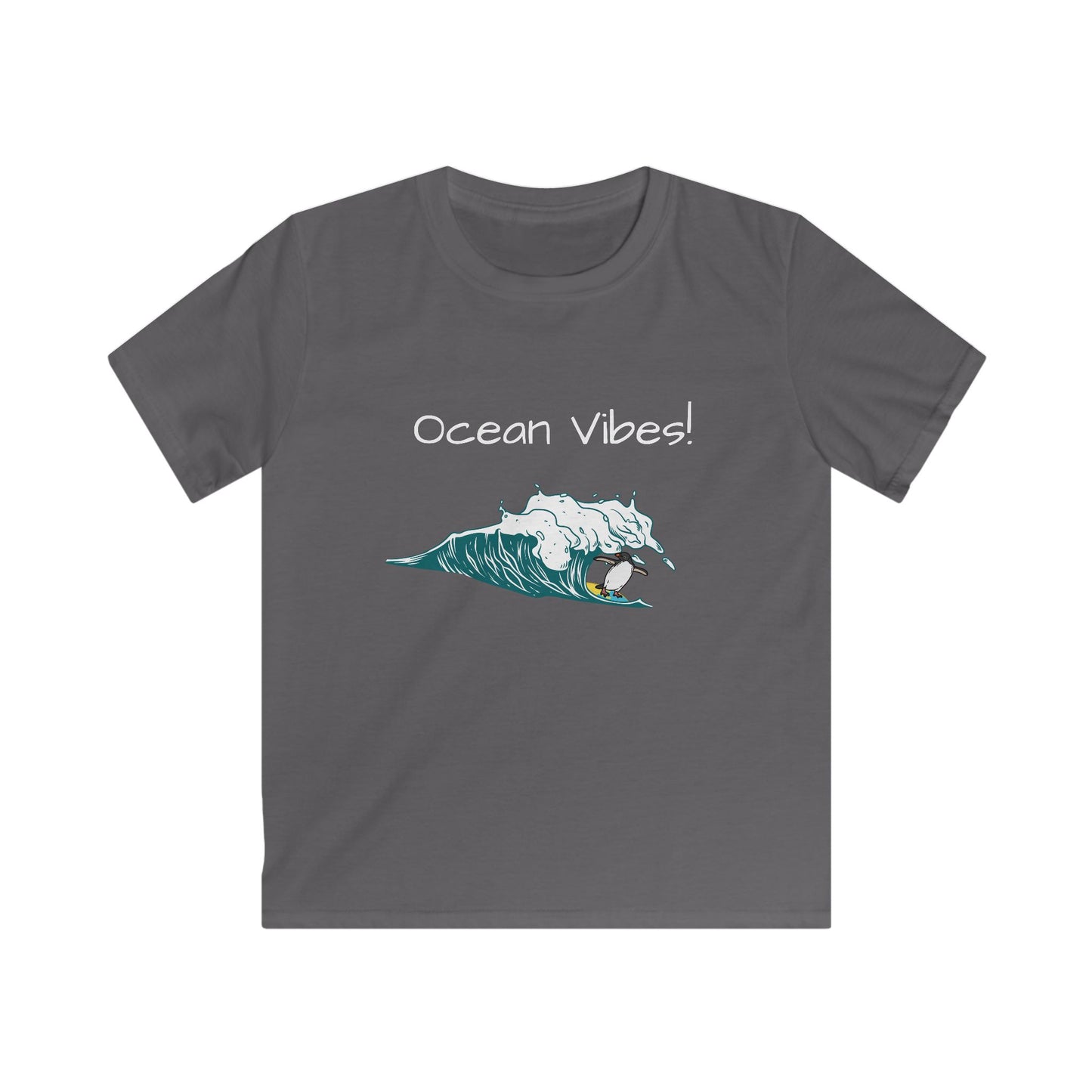 Kids ocean graphic t-shirt in gray with ocean wave and Ocean Vibes text print from Printify