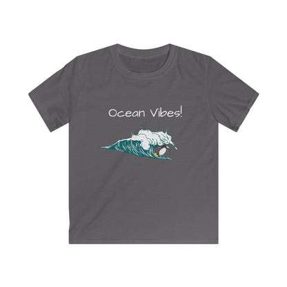 Kids ocean graphic t-shirt in gray with ocean wave and Ocean Vibes text print from Printify