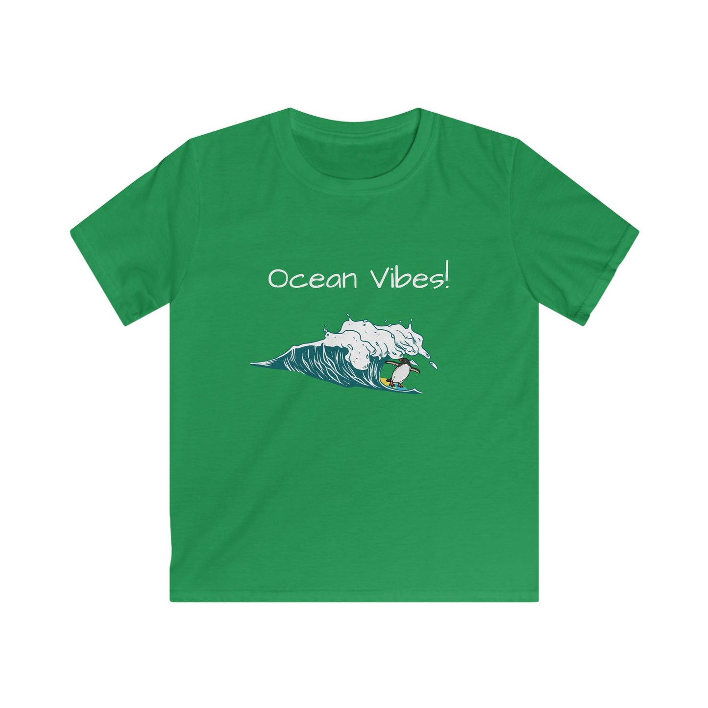 Green kids ocean graphic t-shirt with Ocean Vibes wave design for children