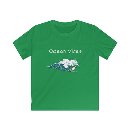 Green kids ocean graphic t-shirt with Ocean Vibes wave design for children