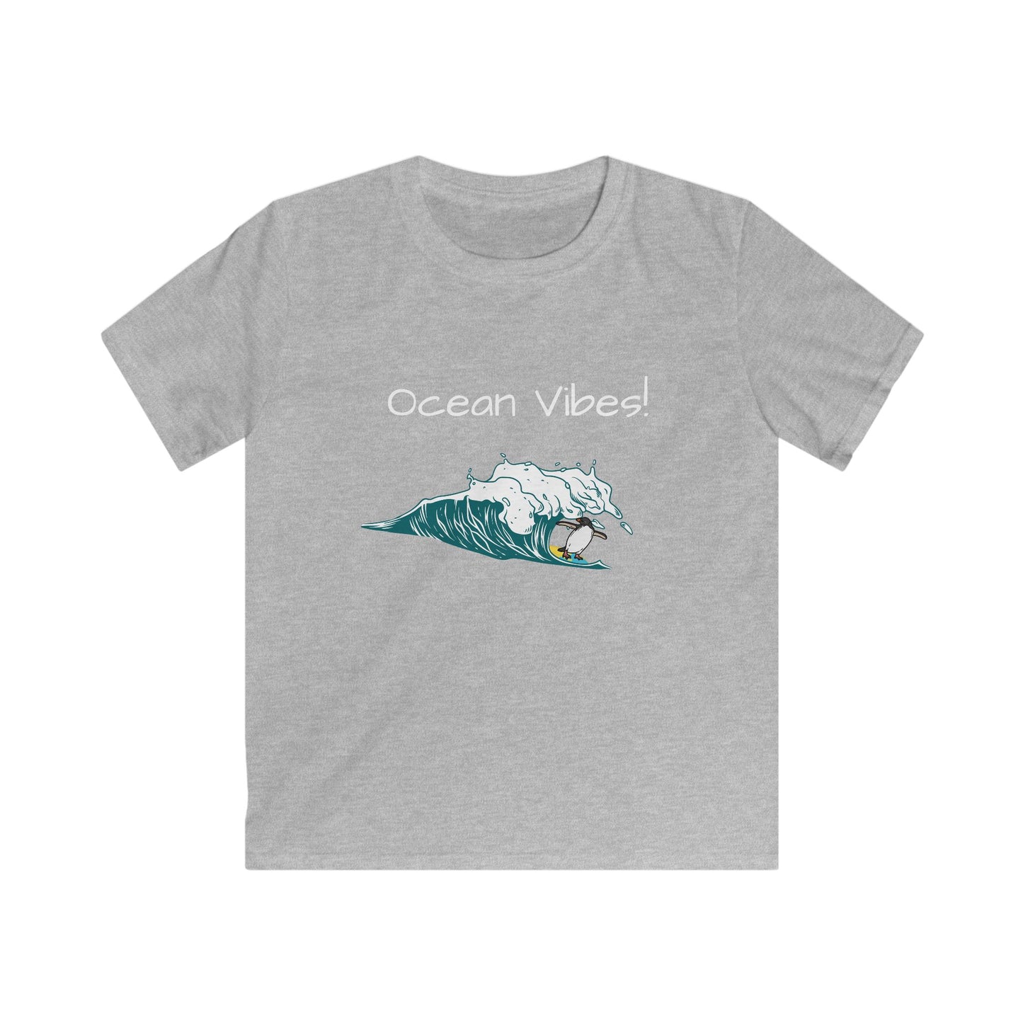 Printify kids ocean graphic t-shirt in gray with ocean waves and surfboard design