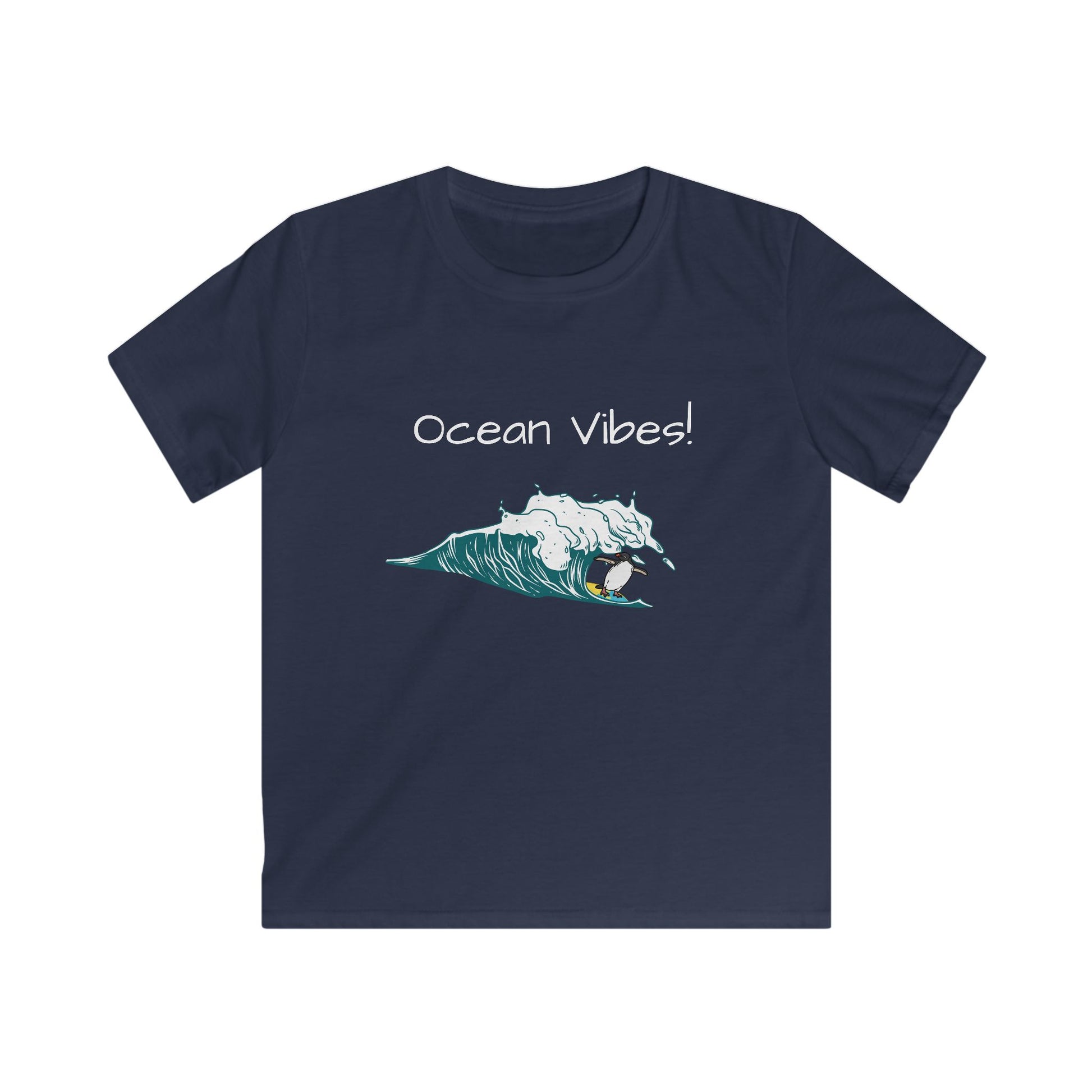 Printify kids ocean graphic t-shirt in navy blue with ocean waves and surf design