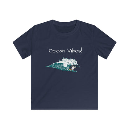 Printify kids ocean graphic t-shirt in navy blue with ocean waves and surf design