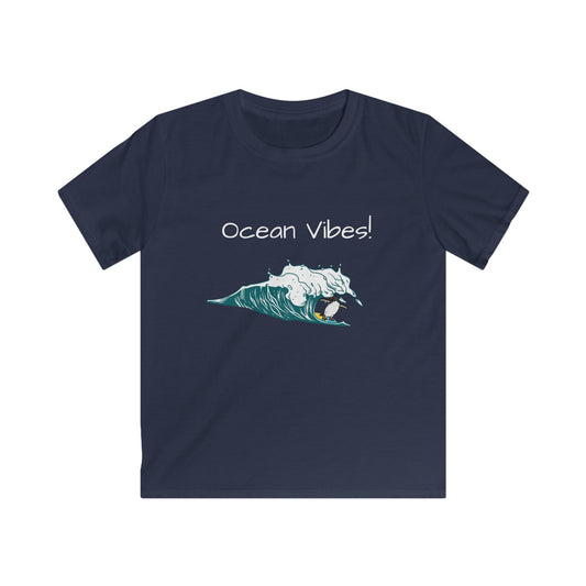 Printify kids ocean graphic t-shirt in navy blue with ocean waves and surf design
