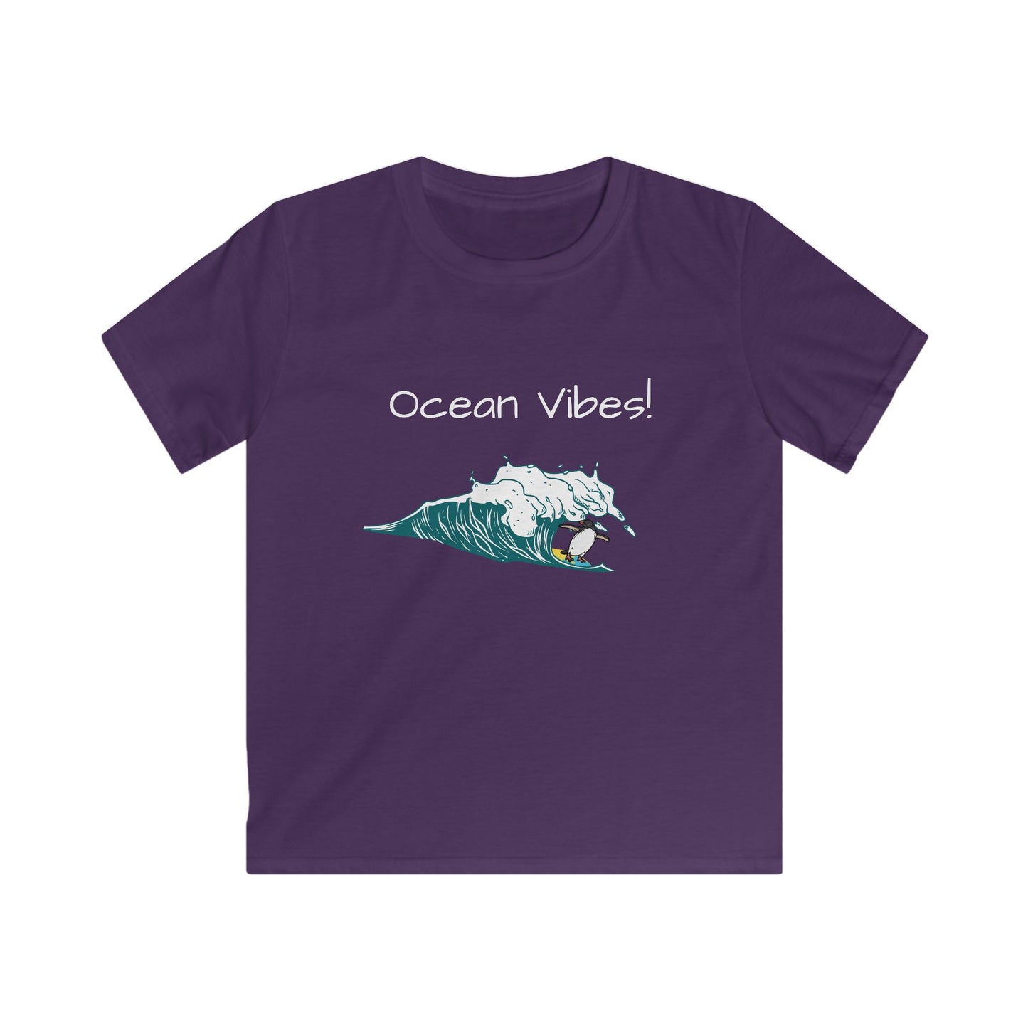 Printify kids ocean graphic t-shirt in purple with ocean wave and Ocean Vibes text design