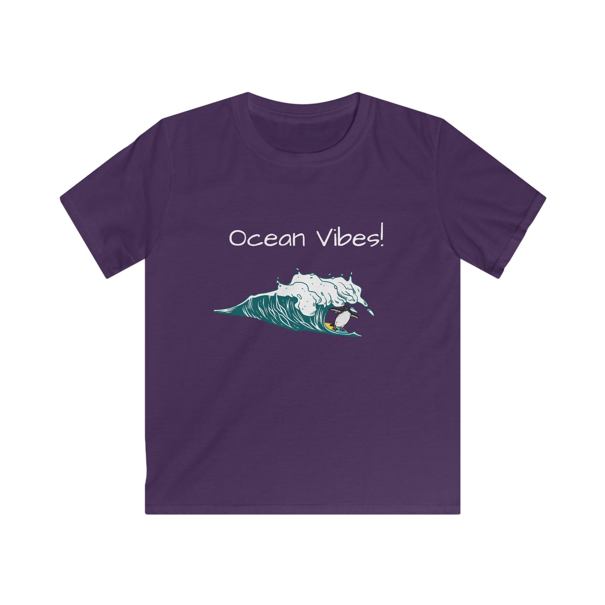 Printify kids ocean graphic t-shirt in purple with ocean wave and Ocean Vibes text design