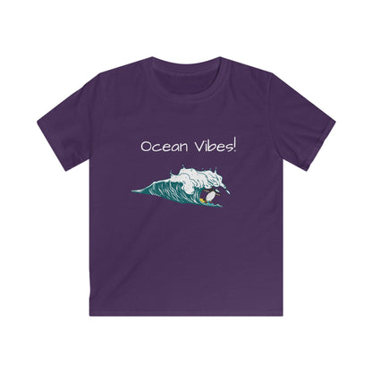 Printify kids ocean graphic t-shirt in purple with ocean wave and Ocean Vibes text design