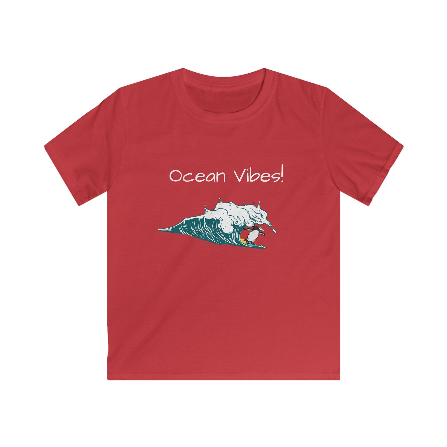 Red kids ocean graphic t-shirt with ocean wave and text Ocean Vibes printed on front