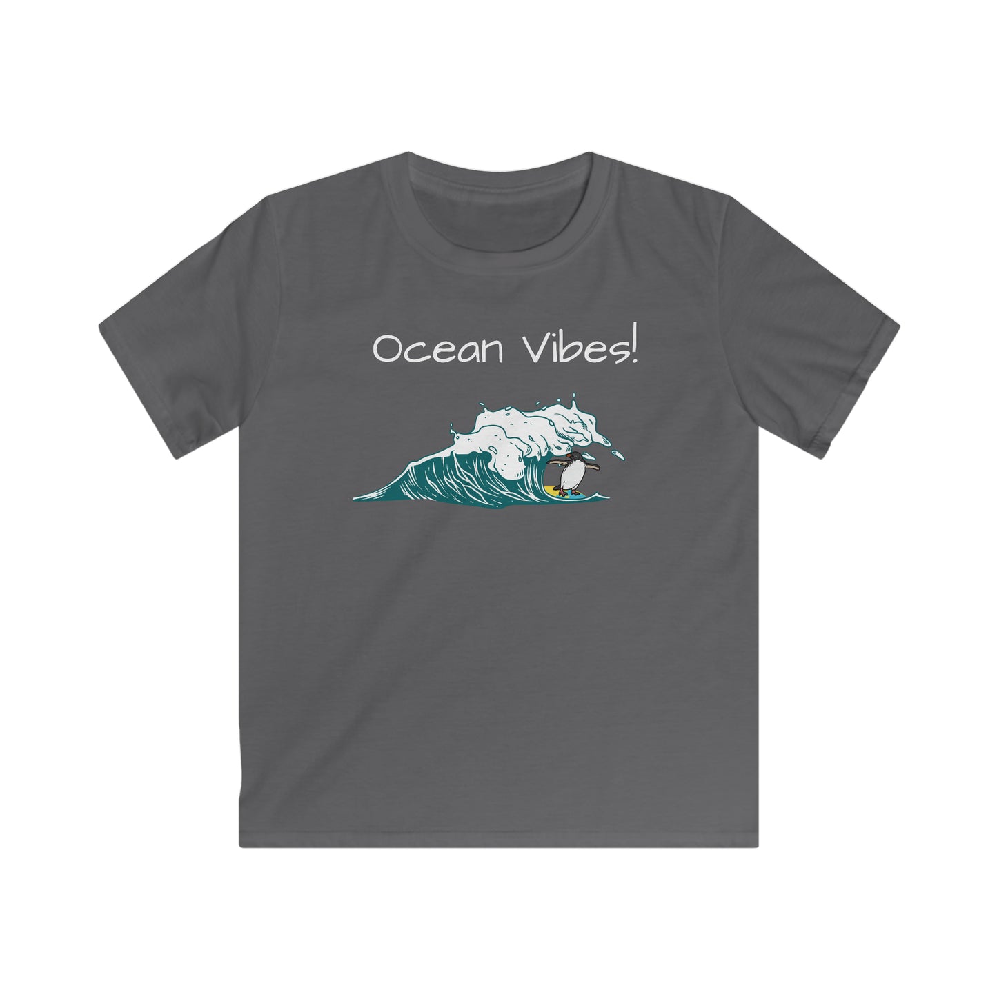Printify kids ocean vibes t-shirt in gray with surfing penguin and ocean wave graphic