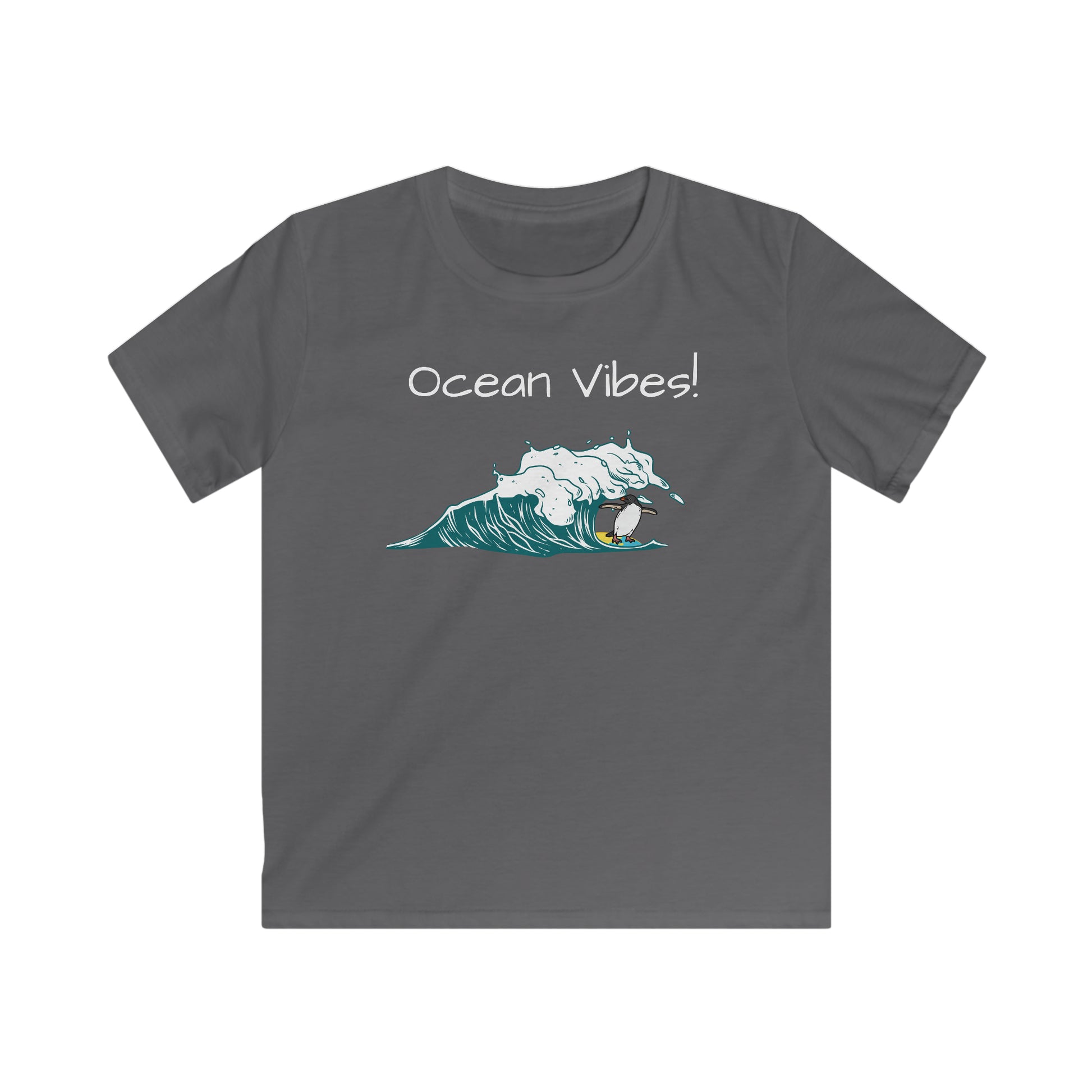 Printify kids ocean vibes t-shirt in gray with surfing penguin and ocean wave graphic