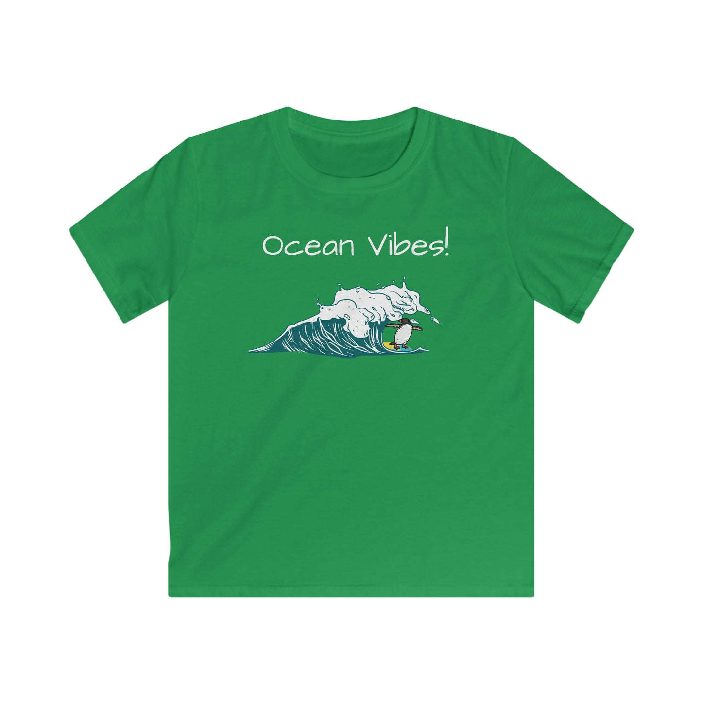 Green kids ocean vibes t-shirt by Printify with surfing penguin graphic and ocean waves